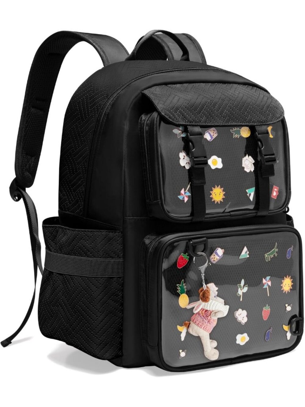 Stylish Clear Window Ita Bag with Insert, Pin Display Backpack - Black